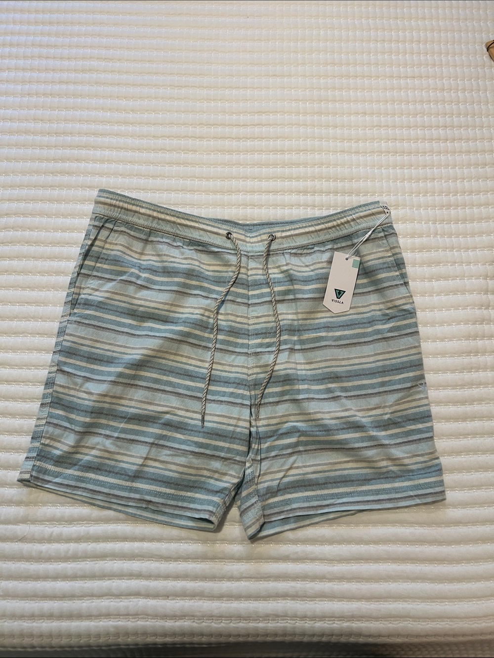 VISSLA Men's Blue and Cream Striped Shorts XXL